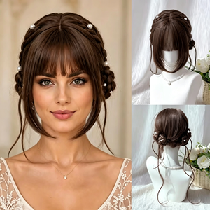 Perruque synthétique pré-tressée à deux chignons, 18 pouces, marron cendré, avec frange, aspect naturel doux, pour femmes Lolita, approvisionnement direct usine - Product Image 1