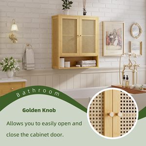 Armoire murale de salle de bains en <span class=keywords><strong>bambou</strong></span>, organisateur de rangement en <span class=keywords><strong>bambou</strong></span> au-dessus des toilettes avec 2 portes en <span class=keywords><strong>rotin</strong></span>, étagère réglable en bois - Product Image 3