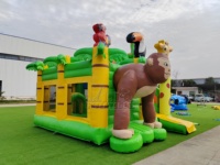 Château gonflable commercial Jungle Safari avec toboggan, gorille géant, girafe, toucan, perroquet, pour location événementielle