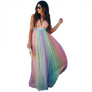 Robes midi décontractées d'été pour femmes, style nuisette, col en V profond, en maille, sans manches, à grand ourlet, colorées arc-en-ciel, coupe trapèze, respirantes - Product Image 4