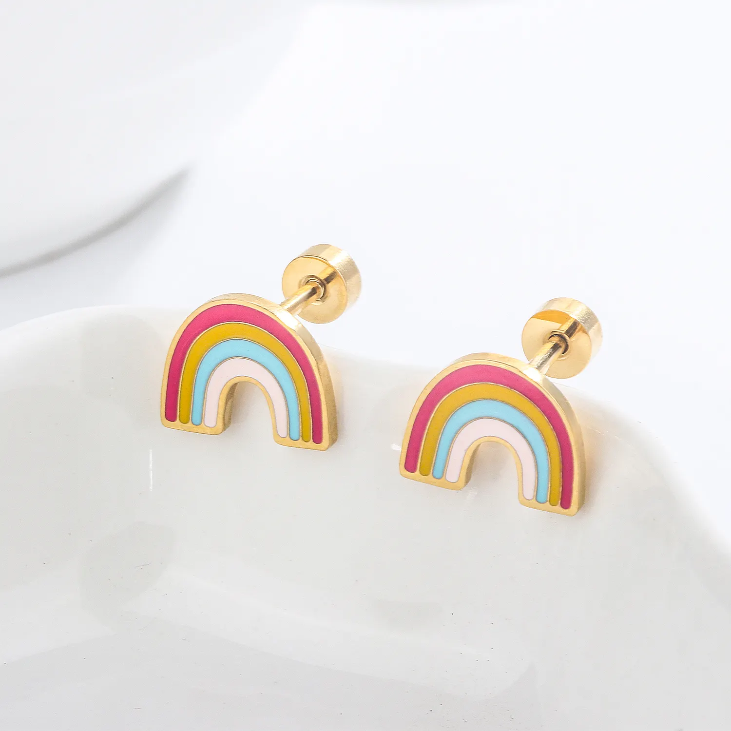 Anting-anting giwang stainless steel pelangi enamel warna-warni