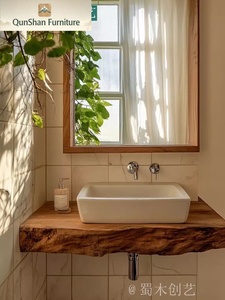 Meuble-lavabo mural flottant en bois massif à bord naturel, style antique, pour <span class=keywords><strong>salle</strong></span> <span class=keywords><strong>de</strong></span> <span class=keywords><strong>bain</strong></span>, meuble <span class=keywords><strong>de</strong></span> <span class=keywords><strong>salle</strong></span> <span class=keywords><strong>de</strong></span> <span class=keywords><strong>bain</strong></span> en bois naturel - Product Image 2