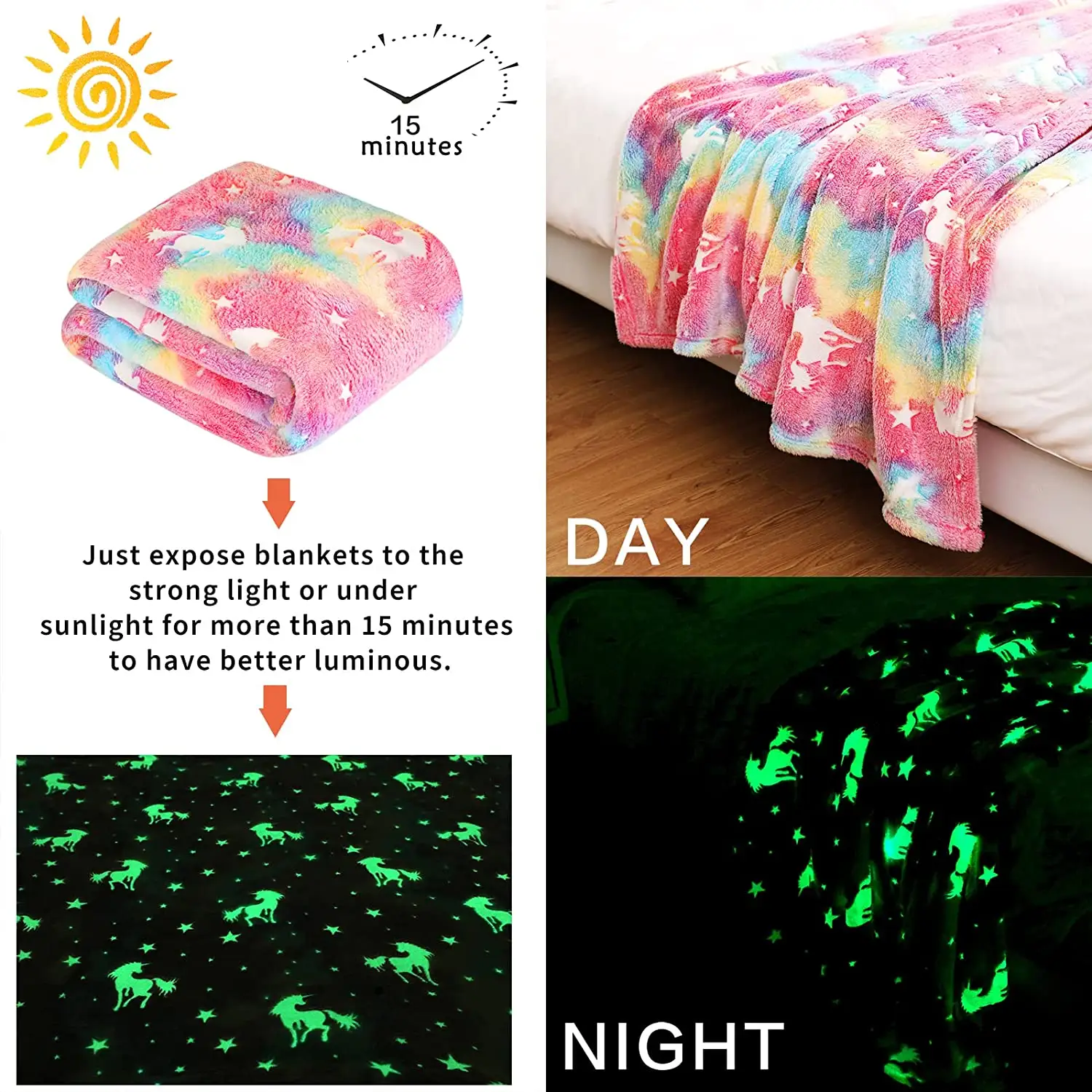 100% Polyester pazen sihirli aydınlık çocuk battaniyesi özelleştirilmiş desen yıldız unicorn Glow karanlık battaniyeler çocuklar için