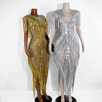 Robe de danse maxi dos nu en maille transparente avec franges en strass argentés de luxe, costumes sexy pour la scène, vêtements de danse pour Drag Queen, en stock