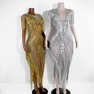 <span class=keywords><strong>Vestido</strong></span> Maxi de Lujo con Flecos de Pedrería Plateada y Malla Transparente, Sin Espalda, para Baile, Disfraces Sexys, Ropa de Baile Escénico, <span class=keywords><strong>Drag</strong></span> <span class=keywords><strong>Queen</strong></span>, para Mujer, En Stock - Product Image 5