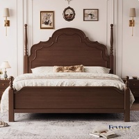 Lit de Mariage Vintage en Bois Massif de Style Médiéval Français, Tailles 1.8m x 2m et 2m x 2.2m, Lit Simple de Chambre Principale de Style Américain avec Système de Levage à Gaz
