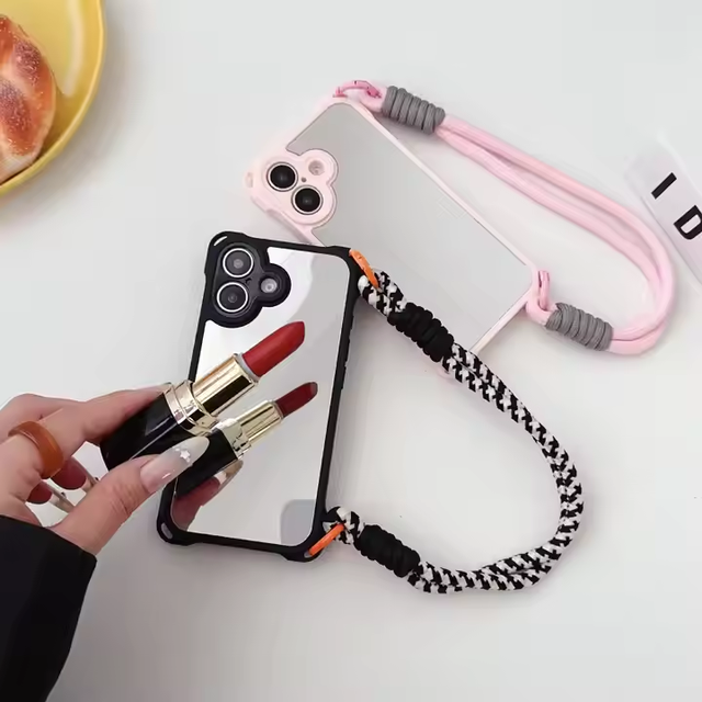 Mirror Makeup Cover Wrist Strap Lanyard Phone Case for iPhone 16 15