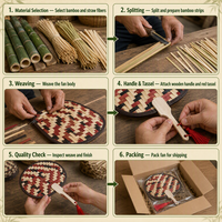 Éventail en bambou tissé à la main, éventail décoratif en paille avec pompon, cadeau pour cérémonie du thé et danse, vente en gros OEM, éventail tissé à la main
