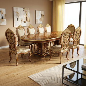 Ensemble de table à manger ronde en teck antique doré, fabriqué à la main, luxe royal, 10 places, écologique, facile à nettoyer, meubles de salle à manger - Product Image 4
