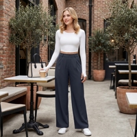 Pantalon d'été pour femme de qualité supérieure, nouvelle mode, en mélange de polyester, taille haute, coupe large, ample, amincissant, jambe droite