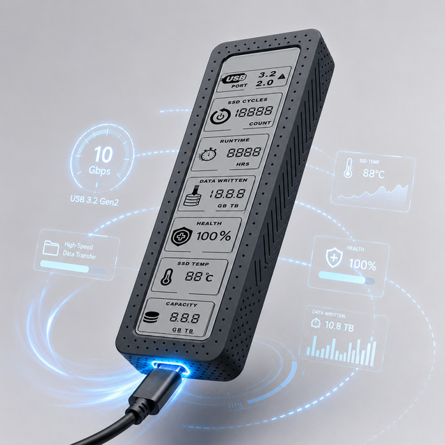 NVMe M.2 SSD Enclosure LCD Display Hard Shell ABS+Aluminum Alloy Black USB 3.2 Gen2 Type C Connector REALTEK RTL9210 Chipset