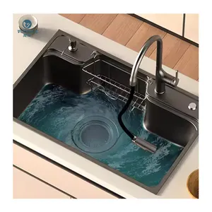 Multifunctional Kitchen Sink With Faucet Rectangle Single Bowl Counter Installation Brushed Surface One-Hole Rectangular Shape