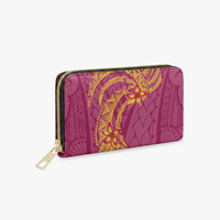 Dompet Panjang Resleting Motif Polinesia Ungu Beige Wanita, Dompet Kulit PU, Dompet Koin & Kartu Wanita Tropis