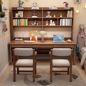 Escritorio Doble de Madera Maciza, Escritorio de <span class=keywords><strong>Estudio</strong></span> y Computadora Alargado con Estantería Integrada, Diseño Clásico Francés Tallado Moderno para Primaria - Product Image 2
