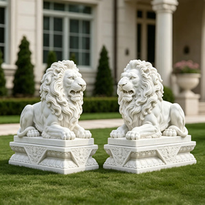 Statues de lions couchés en marbre naturel de qualité supérieure, sculpture de lion en pierre blanche sculptée à la main pour l'entrée d'hôtels et de villas - Product Image 4