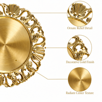 Assiette de présentation dorée ornée de 13 pouces en PP, motif floral européen en relief, pour mariages, banquets, hôtels et événements