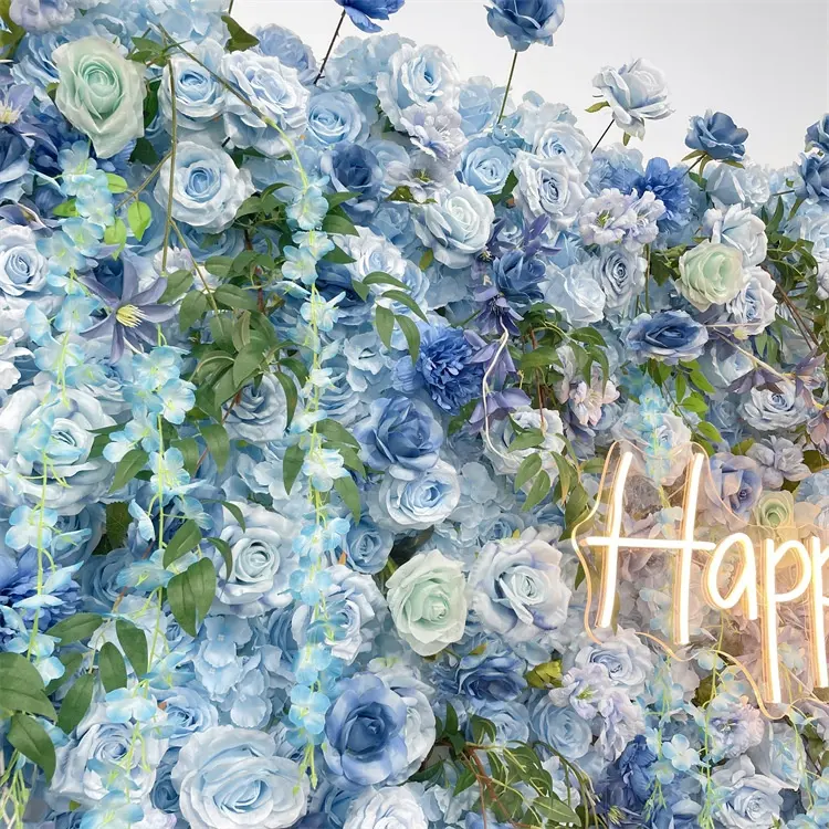 ستارة خلفية اصطناعية للزفاف خماسية الأبعاد من القماش الملفوف على شكل زهرة جدارية زرقاء اللون