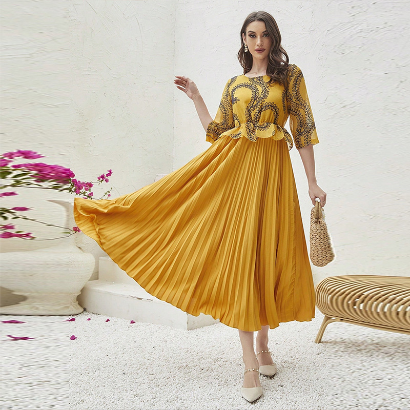 Mustard Chiffon Dress - Floral Print Vintage Style