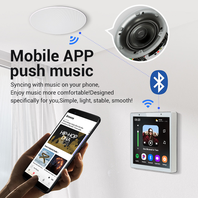 Without WIFI 4 Inch 2*20w Background Music Host Touch Screen Amplifier Wall Mount Blue Tooth Speaker Volume Control 2 Channels