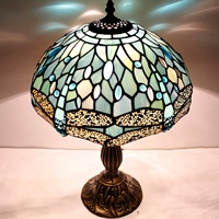 Lampe de table LED moderne 12x12x18 pouces en verre teinté bleu marine, motif libellule, pour lecture sur bureau, lumière de table simple