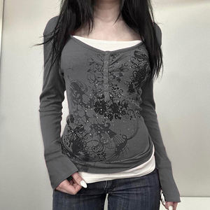 Conjunto de Dos Piezas de Punto con Estampado Floral Y2K, Ajustado, de Manga Larga, Ecológico, Transpirable, Sexy, Moderno para Mujer - Product Image 3