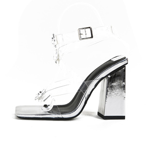 Catwalk High Heel Shoes 2024 New Thick High Heel Transparent Bow Decorative High Heel square Toe Sandals - Product Image 6