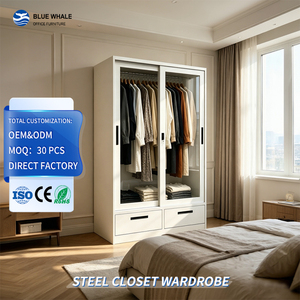 Armoire moderne à 2 portes coulissantes en verre et acier avec serrure pour chambre à coucher - Product Image 4