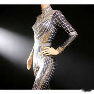 Günstiges Winter-Ballsaal-Tanzkostüm für Sängerinnen mit Goldenen Strasssteinen aus Spandex/Polyester-Material für Damen - Product Image 5