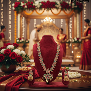 Traditional South <b>Indian</b> Temple Long Bridal Necklace Set Alloy Gold Plated Zircon Earrings Vintage Engagement Wedding - Product Image 3
