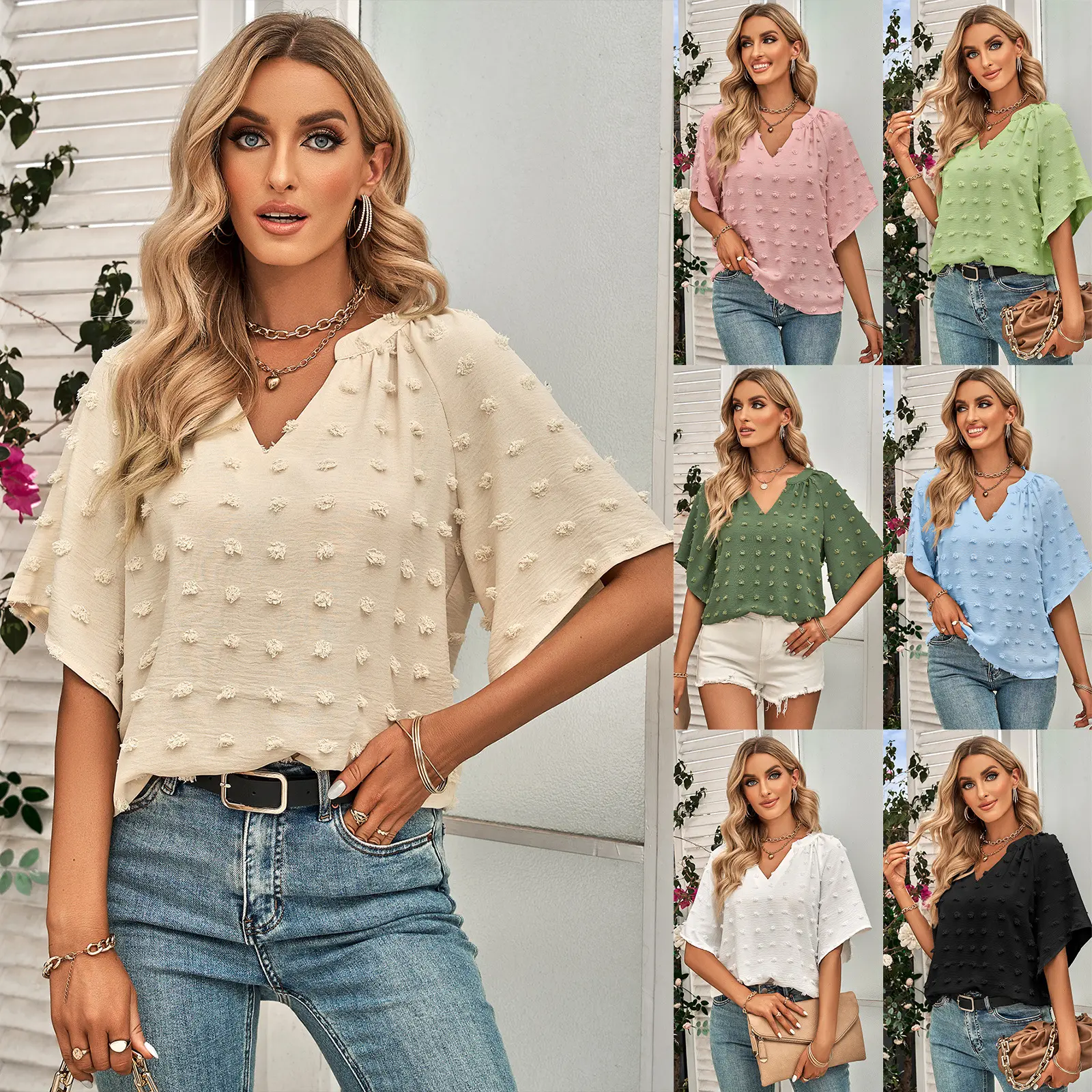 Camisa feminina elegante estilo casual com decote em V, blusa de cabelo de cor sólida, versátil diária por atacado