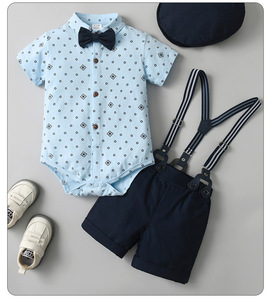 Nouvel <span class=keywords><strong>ensemble</strong></span> trois pièces MQATZ : salopette avec chapeau, costume d'été à manches courtes pour bébés garçons, style britannique - Product Image 5