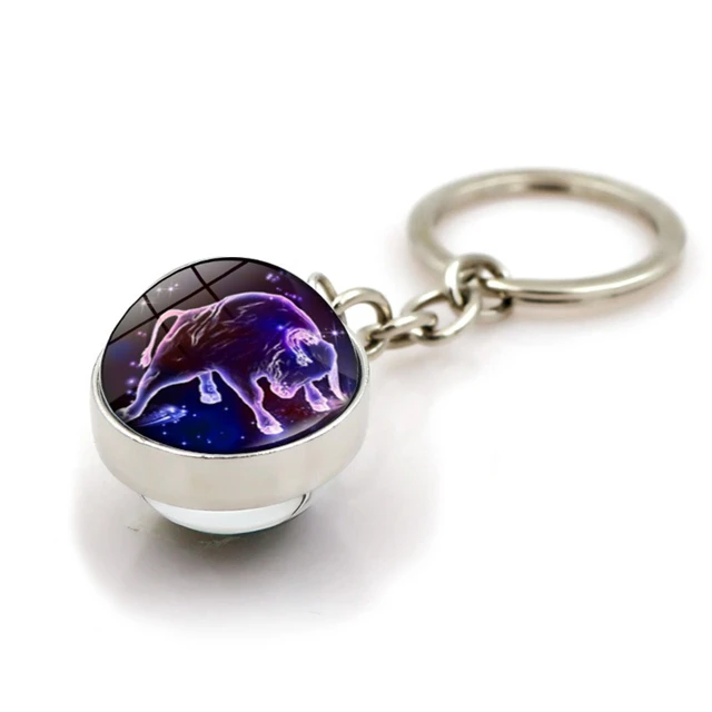 12 Constellation Luminous Key Ring 3D Glass Ball Pendant Zodiac Keychain