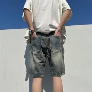 Pantalones cortos de mezclilla cargo para hombre, de corte bootcut, a la moda, de cintura media, holgados, de algodón, rasgados, estilo retro urbano, para verano. - Product Image 2