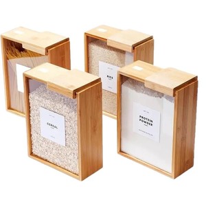 Wooden Rice Storage Box Square With Transparent Window For <b>Kitchen</b> Food Container Natural Wood Color - Product Image 2