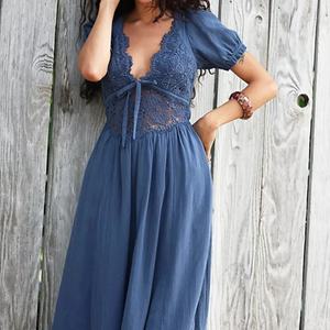 Vestidos Boho Casuales Largos Personalizados de Manga Corta y Espalda Descubierta para Mujer, Vestido Midi Elegante de Color Sólido con Cuello en V y Encaje - Product Image 2