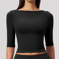 Nouveautés Femme 2026 – Haut de Yoga Brossé à Manches Mi-Longues, Coupe Ajustée, Col Bateau, Taille Haute Élastique, Effet Sculptant, Idéal pour la Course et l'Entraînement