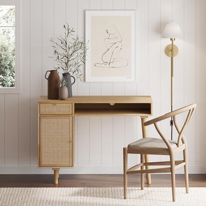 Mobili ODM/OEM WenFeng, Scrivania Moderna con Spazio di Archiviazione, Tavolo in Rattan Naturale con Intreccio Quadrato e Pomelli Dorati - Product Image 6