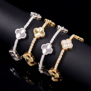 Lucky Four Leaf Clover Tennis <b>Bracelet</b> Hip Hop Jewelry 3mm S925 Silver Gold Plated Iced Out Moissanite Clover Tennis <b>Bracelet</b> - Product Image 1