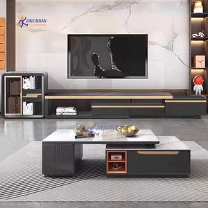Mueble de Salón Moderno con Soporte para Televisor de Vidrio Telescópico Negro Brillante con Efecto Marmolado y Estantería para Libros - Product Image 2