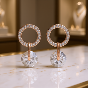 Boucles d'oreilles créoles SIRIUS plaquées or rose avec zircon rond serti pavé pour femme, bijoux tendance pour soirée - Product Image 2