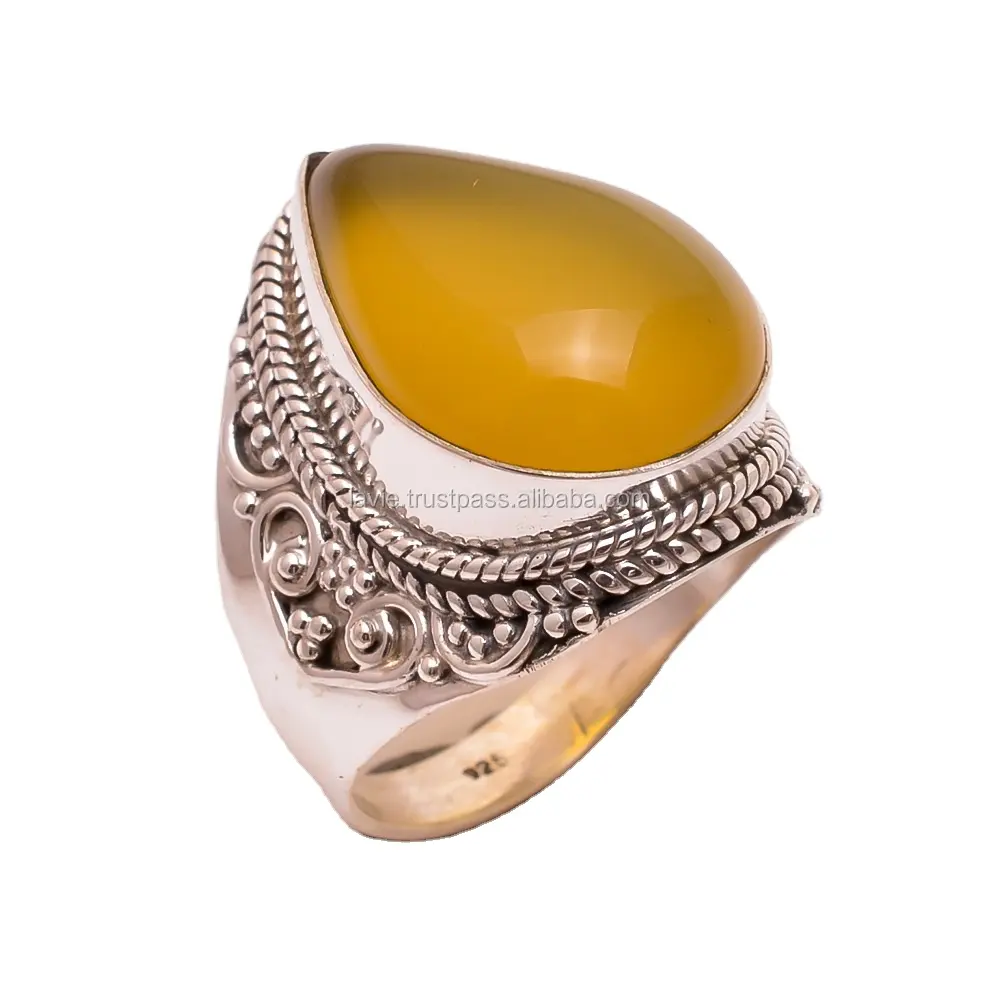 Bagues en jade jaune faites à la main en argent 925, bijoux en argent sterling, vente en gros, fabricant de bijoux indiens