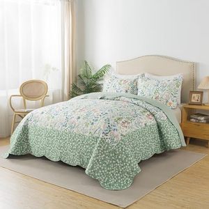 HoneiLife California King Juego de edredón <span class=keywords><strong>Colcha</strong></span> de microfibra de 3 piezas <span class=keywords><strong>Verde</strong></span> Blanco Patrón floral Extra grande 120x120 Todas las estaciones - Product Image 2