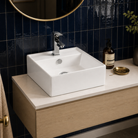 Wastafel Keramik Seni Modern Berbentuk Persegi dengan Tepi Tipis, Model Countertop, Dilengkapi Lubang Keran