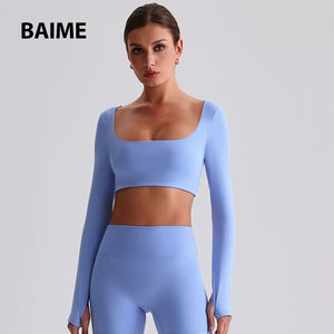 2025 nuevo cuello cuadrado de manga larga Yoga Top <span class=keywords><strong>ropa</strong></span> Slim Fit Active Wear Fitness Shirt - Product Image 4