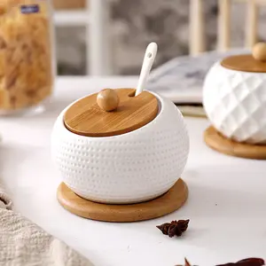 Satu Set Wadah Keramik Porselen Bumbu Mini Mewah Grosir Toples Bumbu dengan Tutup Kayu Bambu Kaca