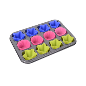 Molde <span class=keywords><strong>para</strong></span> Muffins de Acero al Carbono Antiadherente de 12 Cavidades con 12 Moldes de Silicona Reutilizables, Juego de Utensilios <span class=keywords><strong>para</strong></span> Hornear Premium <span class=keywords><strong>para</strong></span> Cupcakes y Muffins - Product Image 2