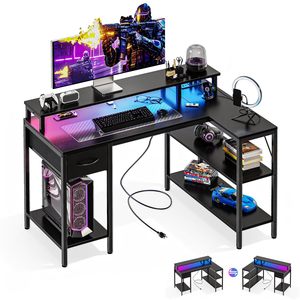 Bureau d'ordinateur de jeu SENYU avec prises électriques, éclairage LED, grand bureau d'angle en forme de L avec étagère de rangement, crochets pour casque, noir - Product Image 6