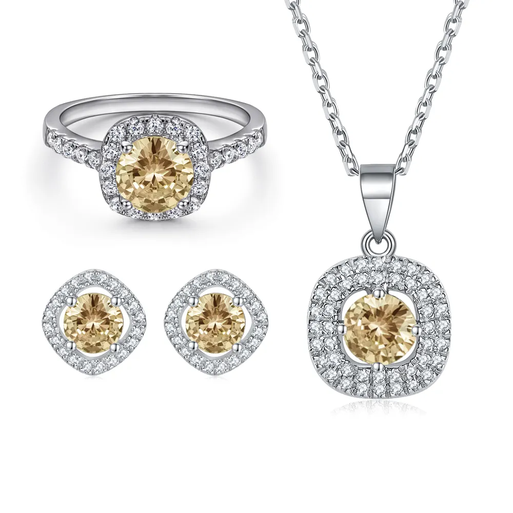 Luxury Jewelry Sets Champagne Zirconia Stone Round Brilliant Cut 925 Sterling SIlver Jewelry Sets for Couple