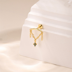 Pendiente Individual de Ágata Musgo Verde Natural, Plata de Ley S925 Chapada en Oro, Elegante Diseño de Rombo con Parte Trasera Plana, Joyería para Piercing - Product Image 3