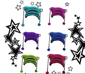 卸売冬かわいいスターフォックス猫耳耳フラップ大人暖かい手作りかぎ針編みストライプニットビーニー帽子 - Product Image 4